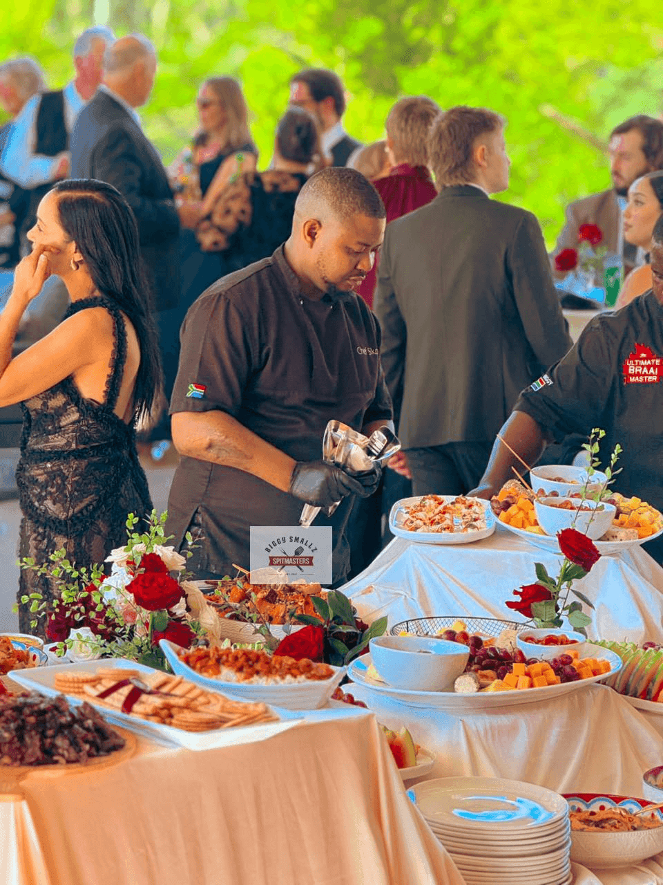 Biggy at the harvest buffet as guests gather around the spread.