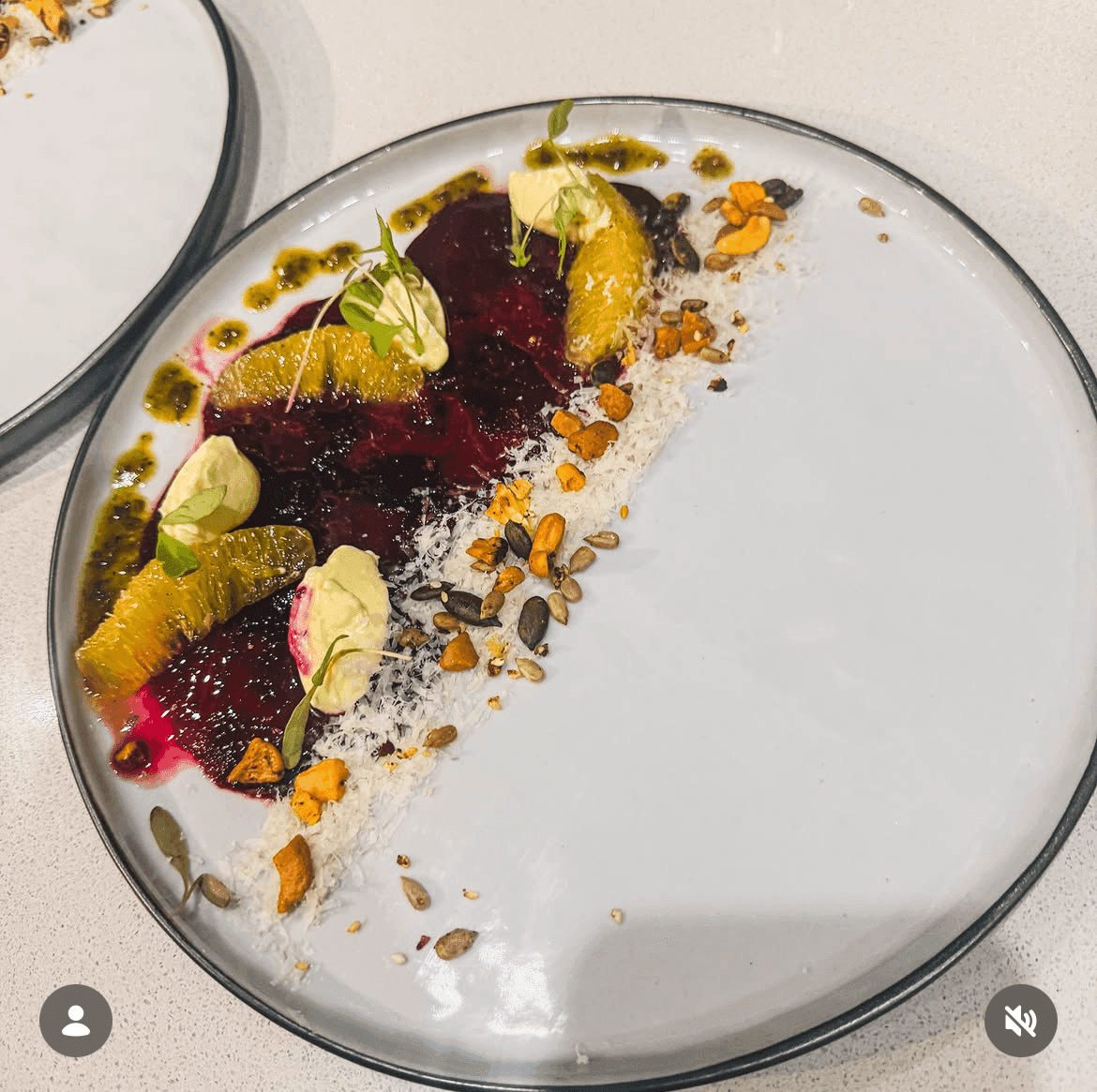 Marinated beet carpaccio with whipped crème fraîche.